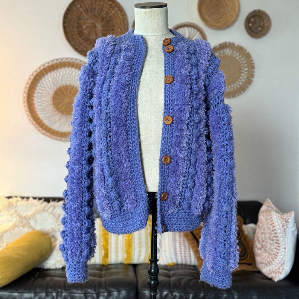 70s VINTAGE Riddles by Elliot Periwinkle PomPom Knit Cardi Sweater Jacket Size M